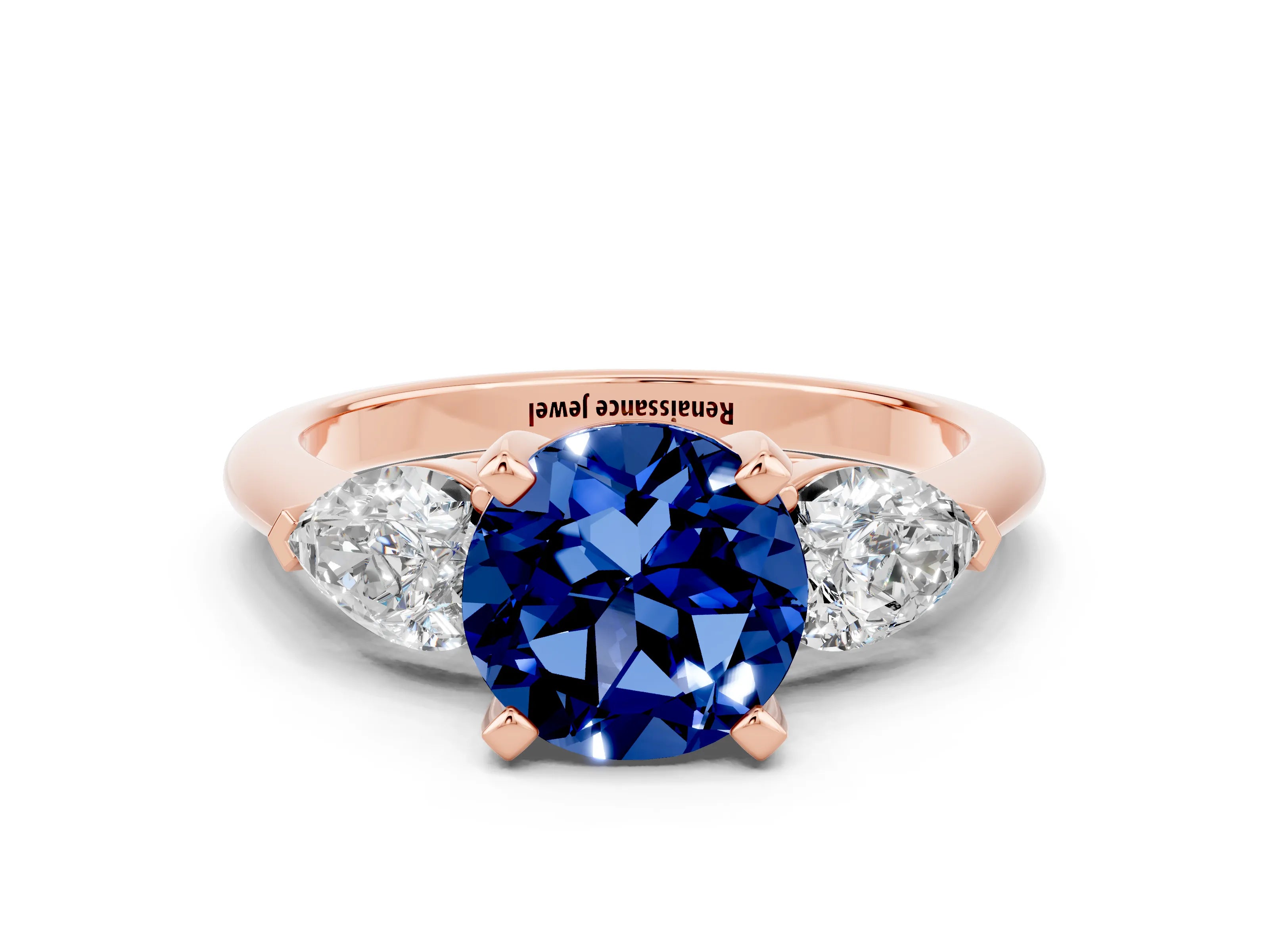 Rose gold Three-Stone Round Cut Blue Sapphire Ring with Pear Side Stones and Four-Prong Setting