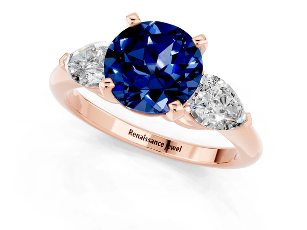 Rose gold Three-Stone Round Cut Blue Sapphire Ring with Pear Side Stones and Four-Prong Setting