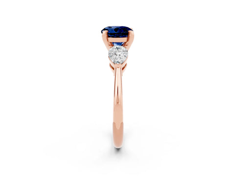 Rose gold Three-Stone Round Cut Blue Sapphire Ring with Pear Side Stones and Four-Prong Setting_2