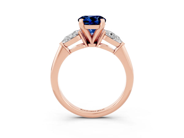Rose gold Three-Stone Round Cut Blue Sapphire Ring with Pear Side Stones and Four-Prong Setting