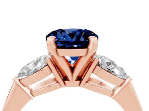 Rose gold Three-Stone Round Cut Blue Sapphire Ring with Pear Side Stones and Four-Prong Setting_4