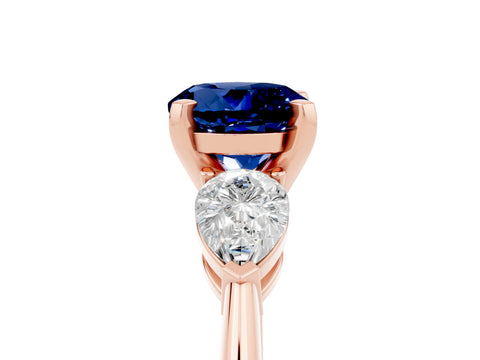 Rose gold Three-Stone Round Cut Blue Sapphire Ring with Pear Side Stones and Four-Prong Setting_5
