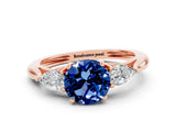 Rose gold Three-Stone Round Cut Blue Sapphire Ring with Pear  Side Stones in Four-Prong Setting_12