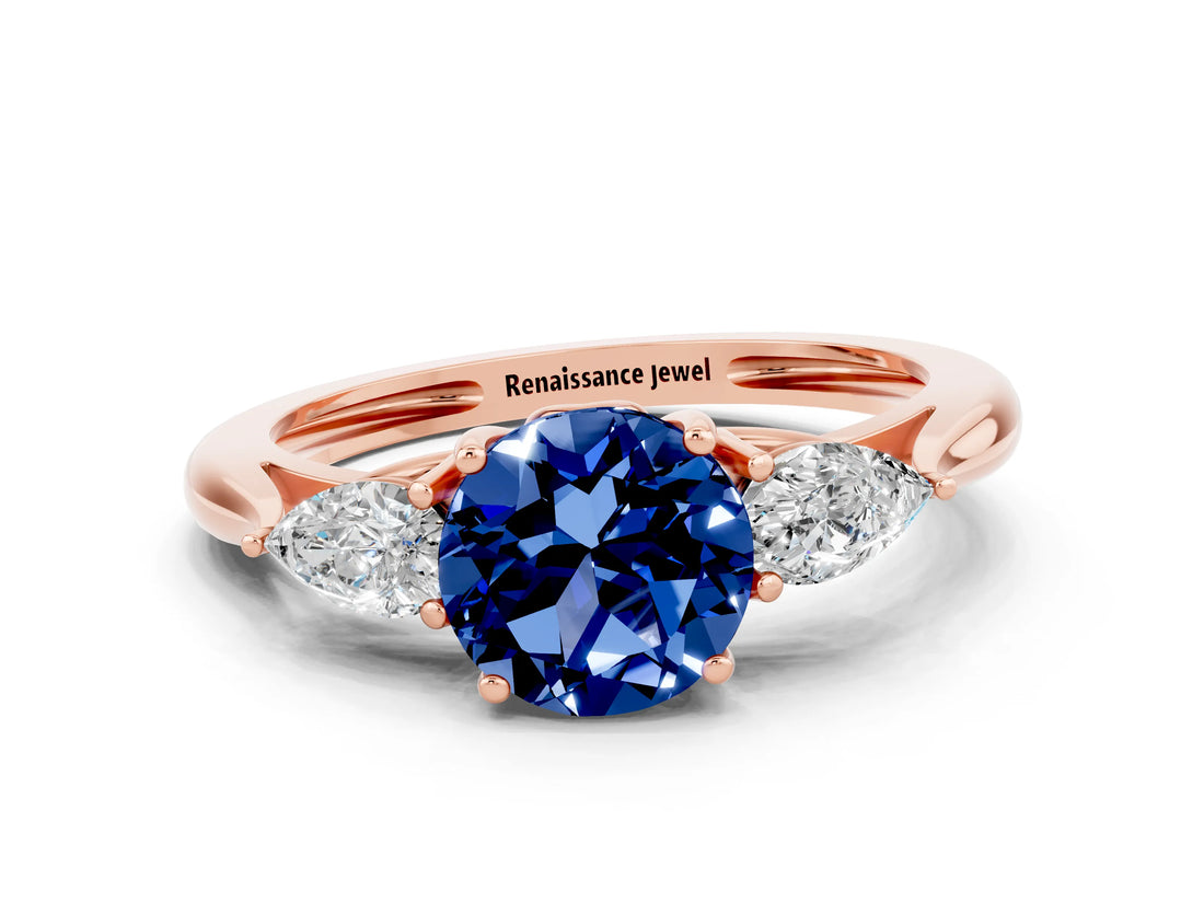 Rose gold Three-Stone Round Cut Blue Sapphire Ring with Pear  Side Stones in Four-Prong Setting_36