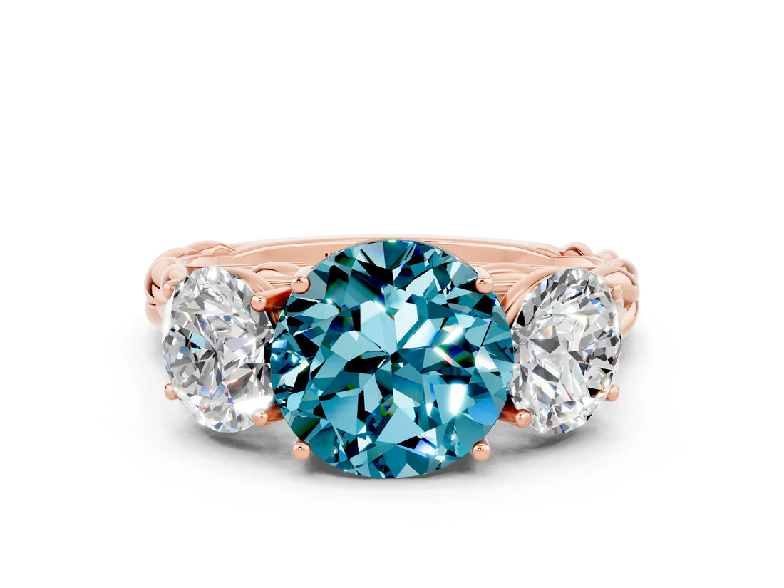 Rose gold Three-Stone Round Cut Blue Topaz Braided Band Ring with Four-Prong Setting_12