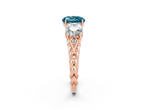 Rose gold Three-Stone Round Cut Blue Topaz Braided Band Ring with Four-Prong Setting_14