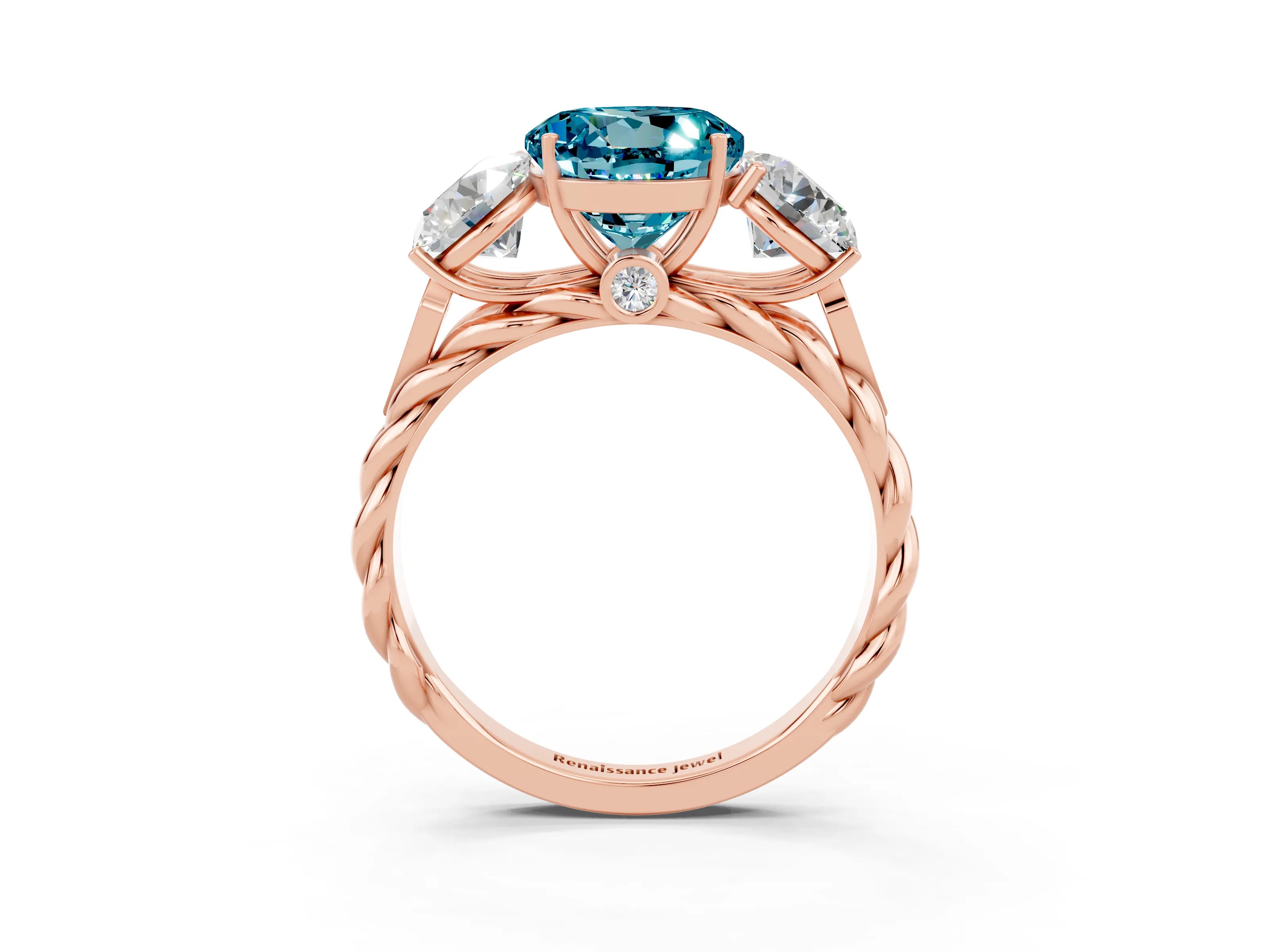 Rose gold Three-Stone Round Cut Blue Topaz Braided Band Ring with Four-Prong Setting_15