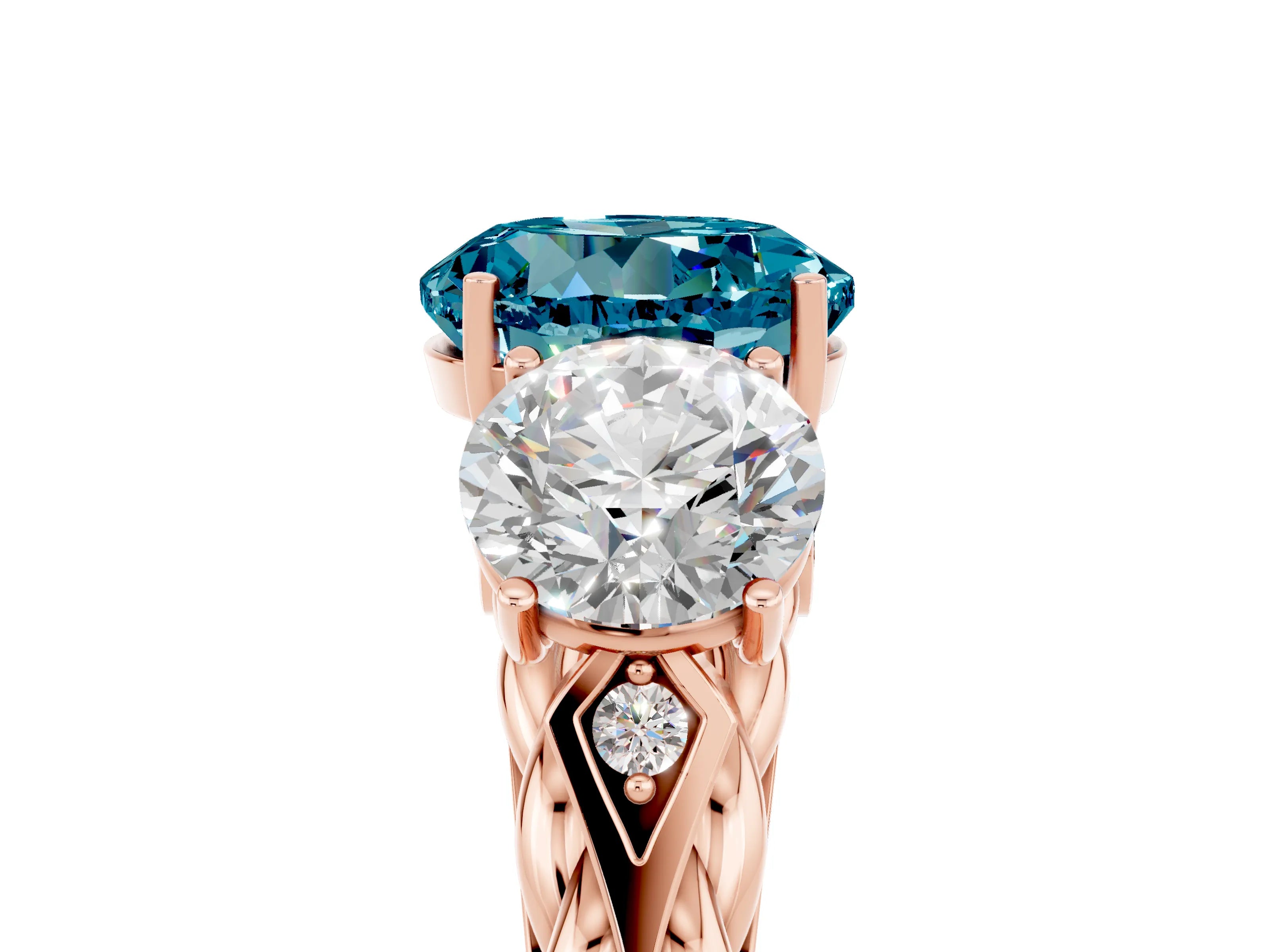Rose gold Three-Stone Round Cut Blue Topaz Braided Band Ring with Four-Prong Setting_17