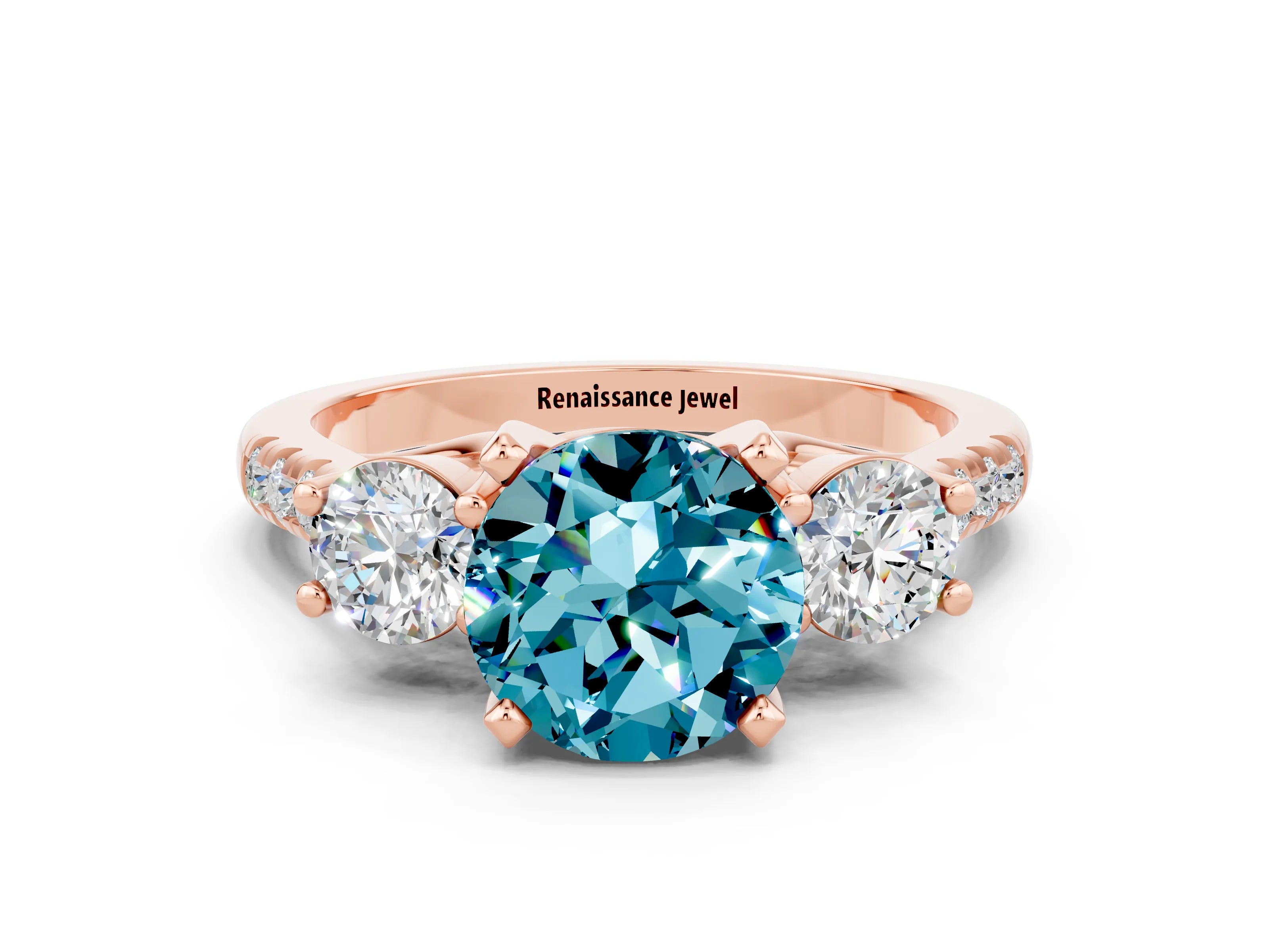 Rose gold Three-Stone Round Cut Blue Topaz Pavé Band with Four-Prong Setting