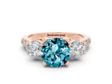 Rose gold Three-Stone Round Cut Blue Topaz Pavé Band with Four-Prong Setting