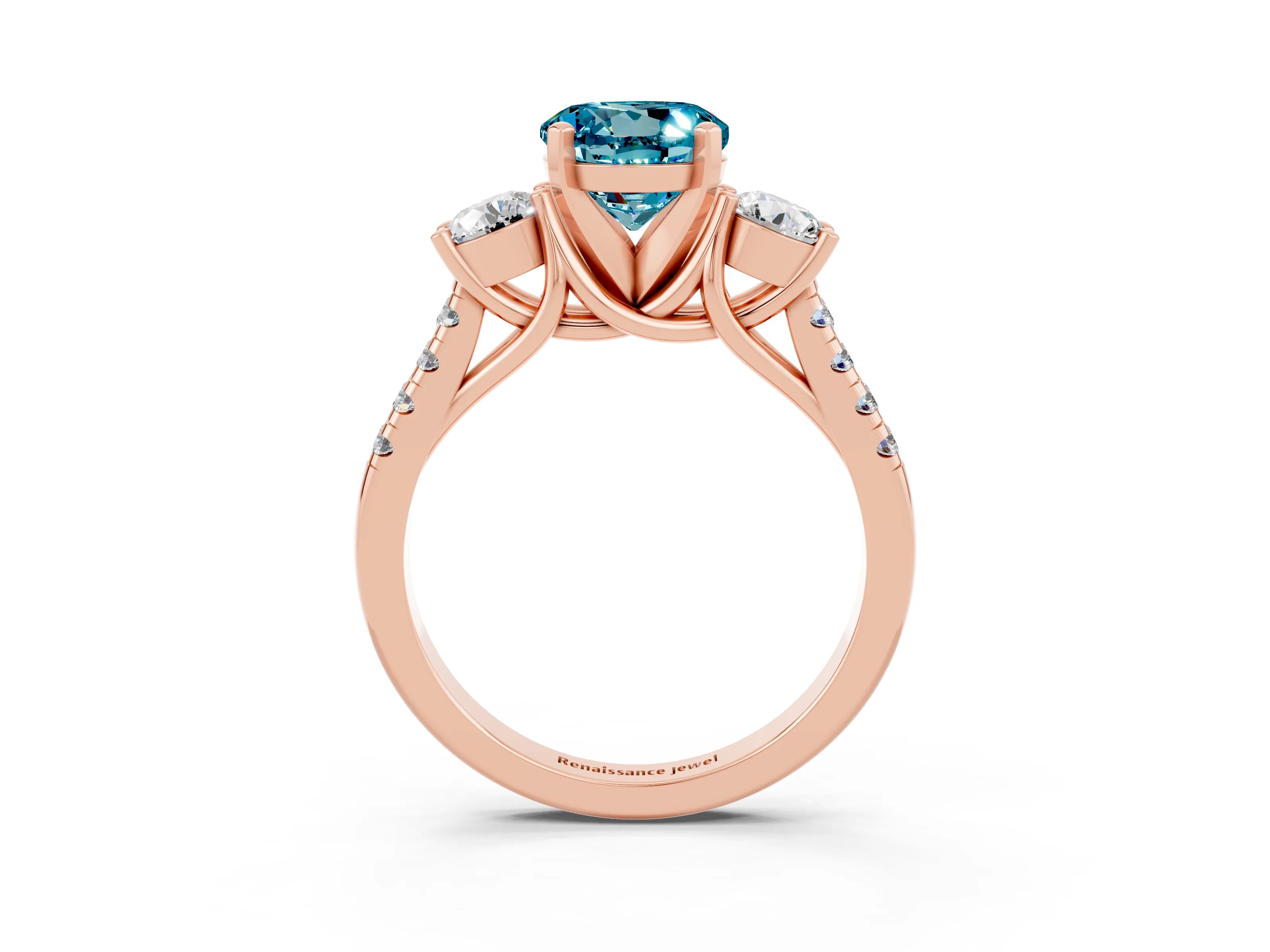 Rose gold Three-Stone Round Cut Blue Topaz Pavé Band with Four-Prong Setting_3