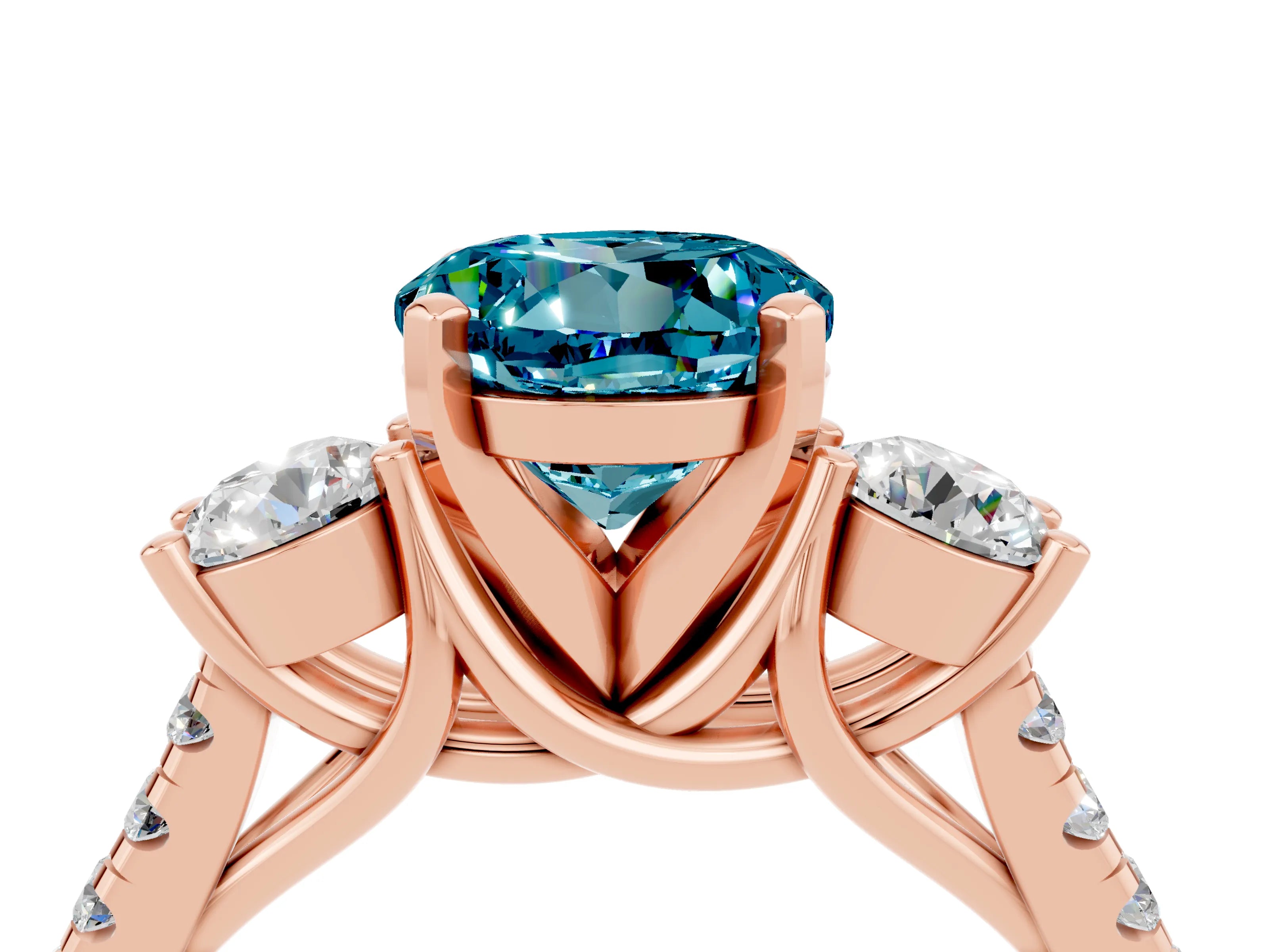 Rose gold Three-Stone Round Cut Blue Topaz Pavé Band with Four-Prong Setting_4