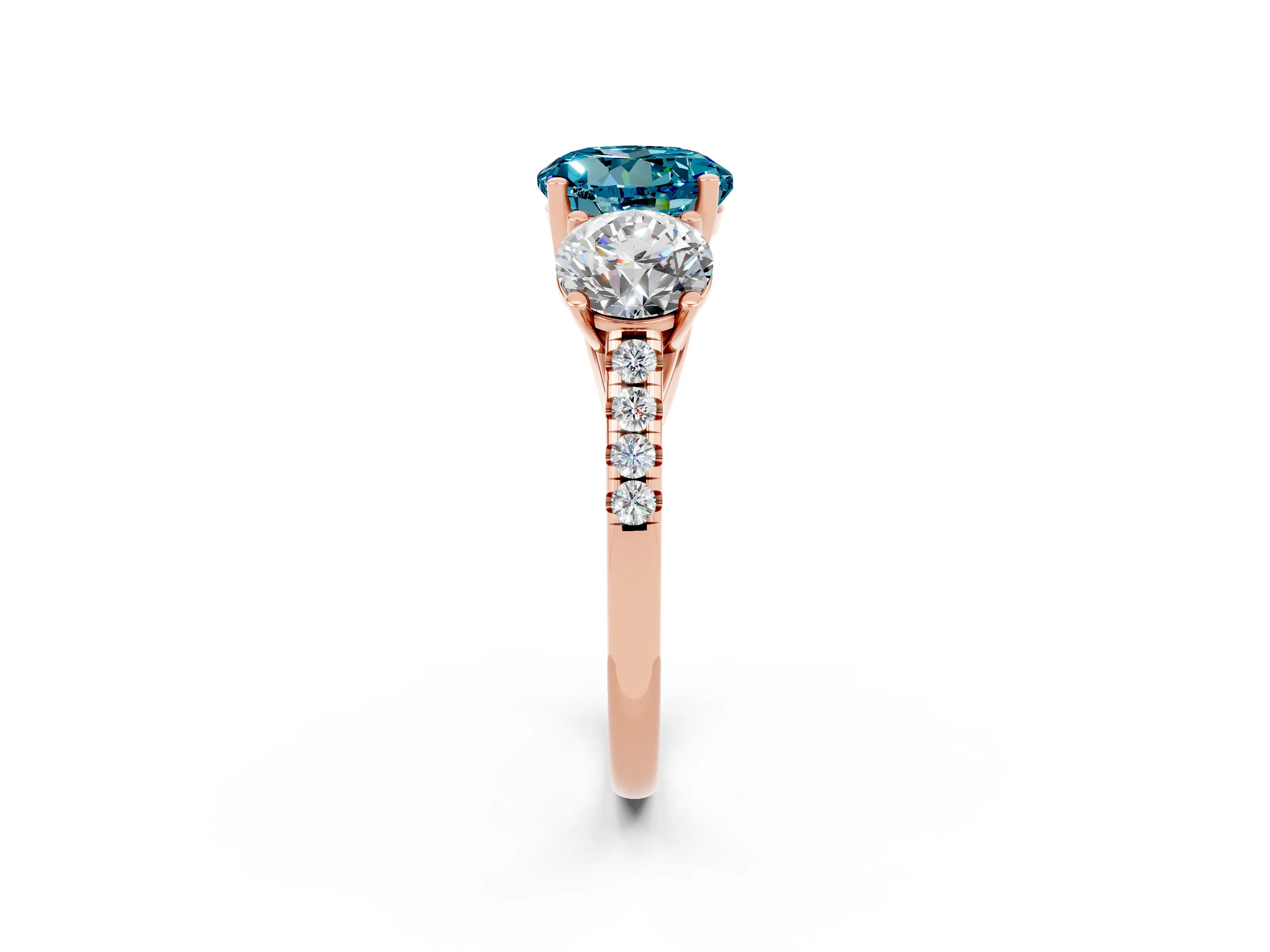 Rose gold Three-Stone Round Cut Blue Topaz Ring with Pavé Band and Prong Setting_14