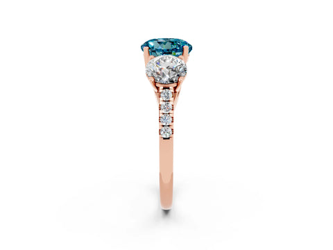 Rose gold Three-Stone Round Cut Blue Topaz Ring with Pavé Band and Prong Setting_14