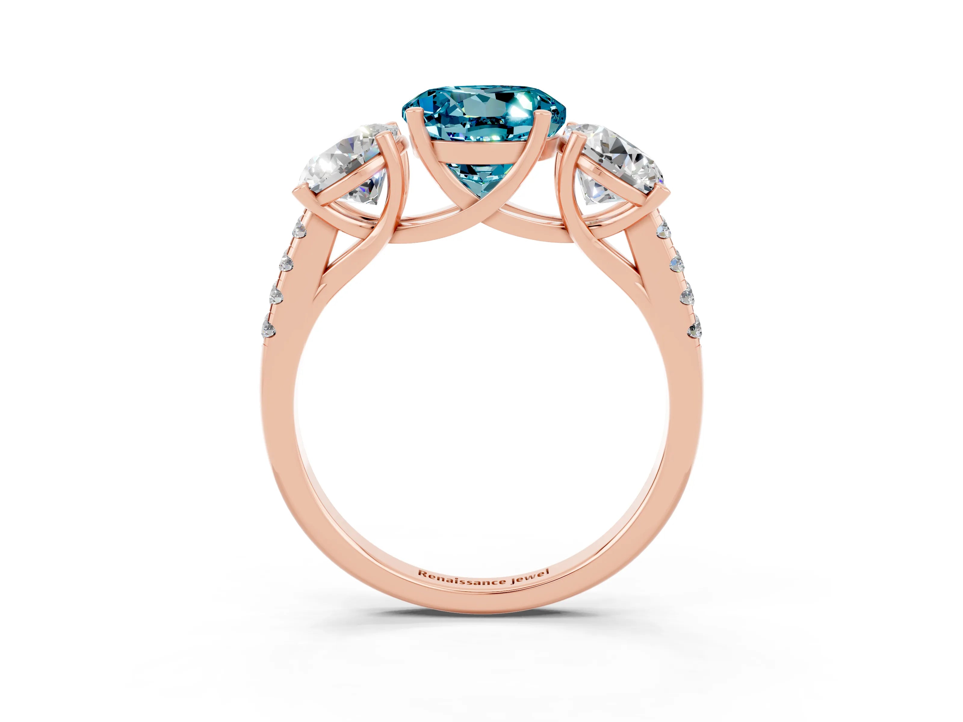 Rose gold Three-Stone Round Cut Blue Topaz Ring with Pavé Band and Prong Setting_15
