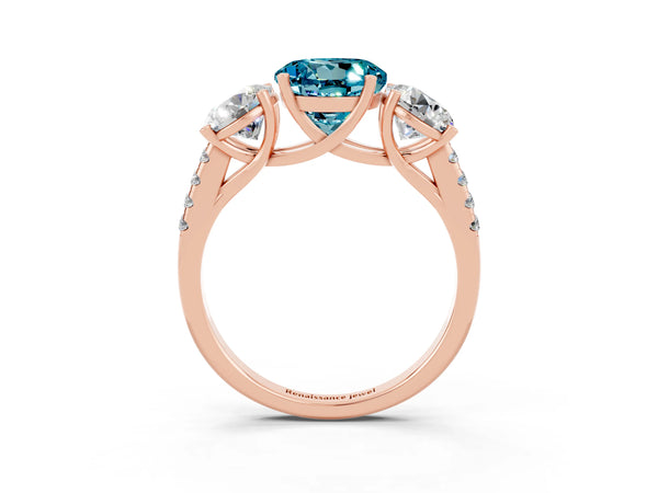 Rose gold Three-Stone Round Cut Blue Topaz Ring with Round  Pavé Band and Prong Setting