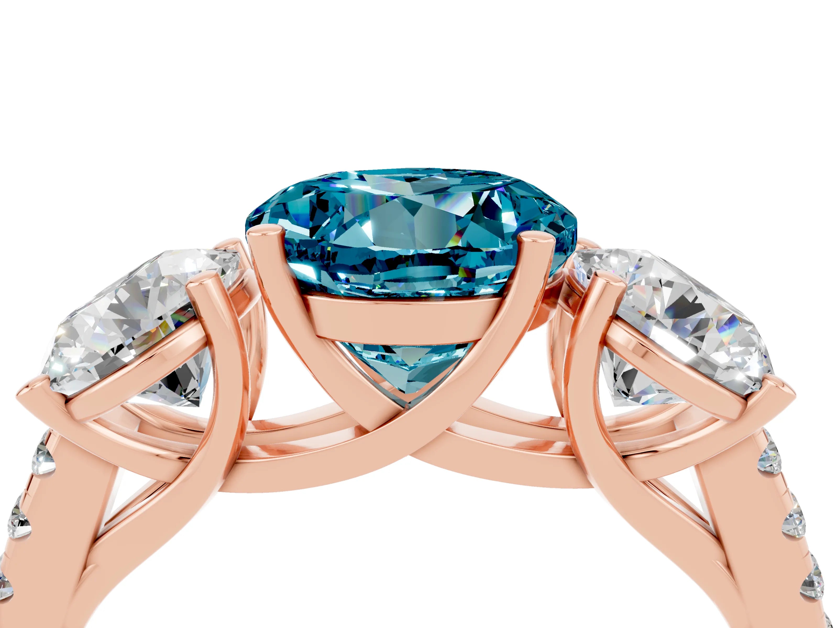 Rose gold Three-Stone Round Cut Blue Topaz Ring with Pavé Band and Prong Setting_16