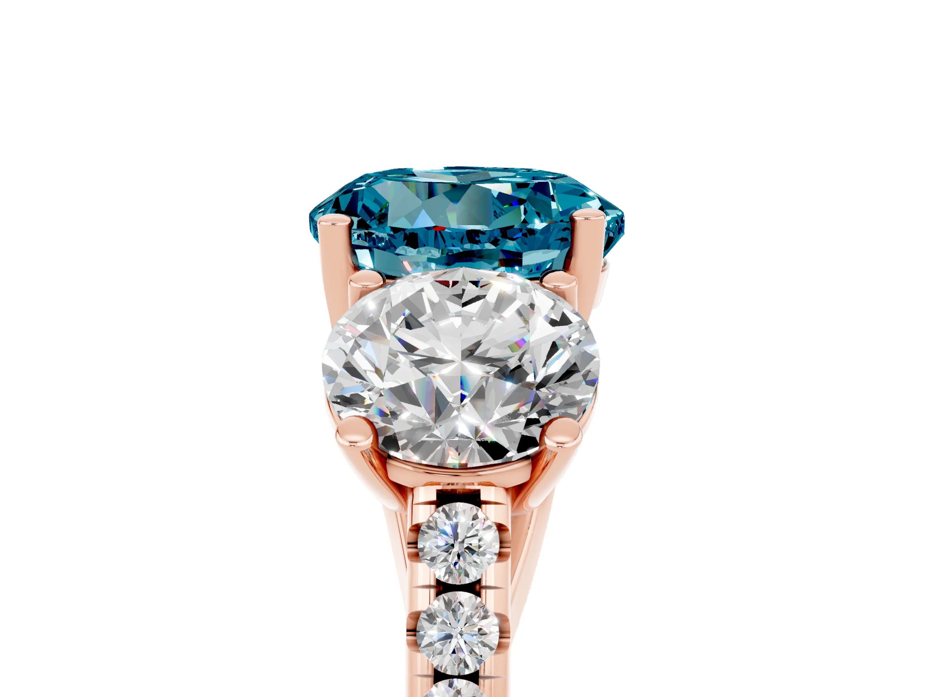 Rose gold Three-Stone Round Cut Blue Topaz Ring with Pavé Band and Prong Setting_17