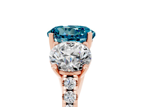 Rose gold Three-Stone Round Cut Blue Topaz Ring with Pavé Band and Prong Setting_17