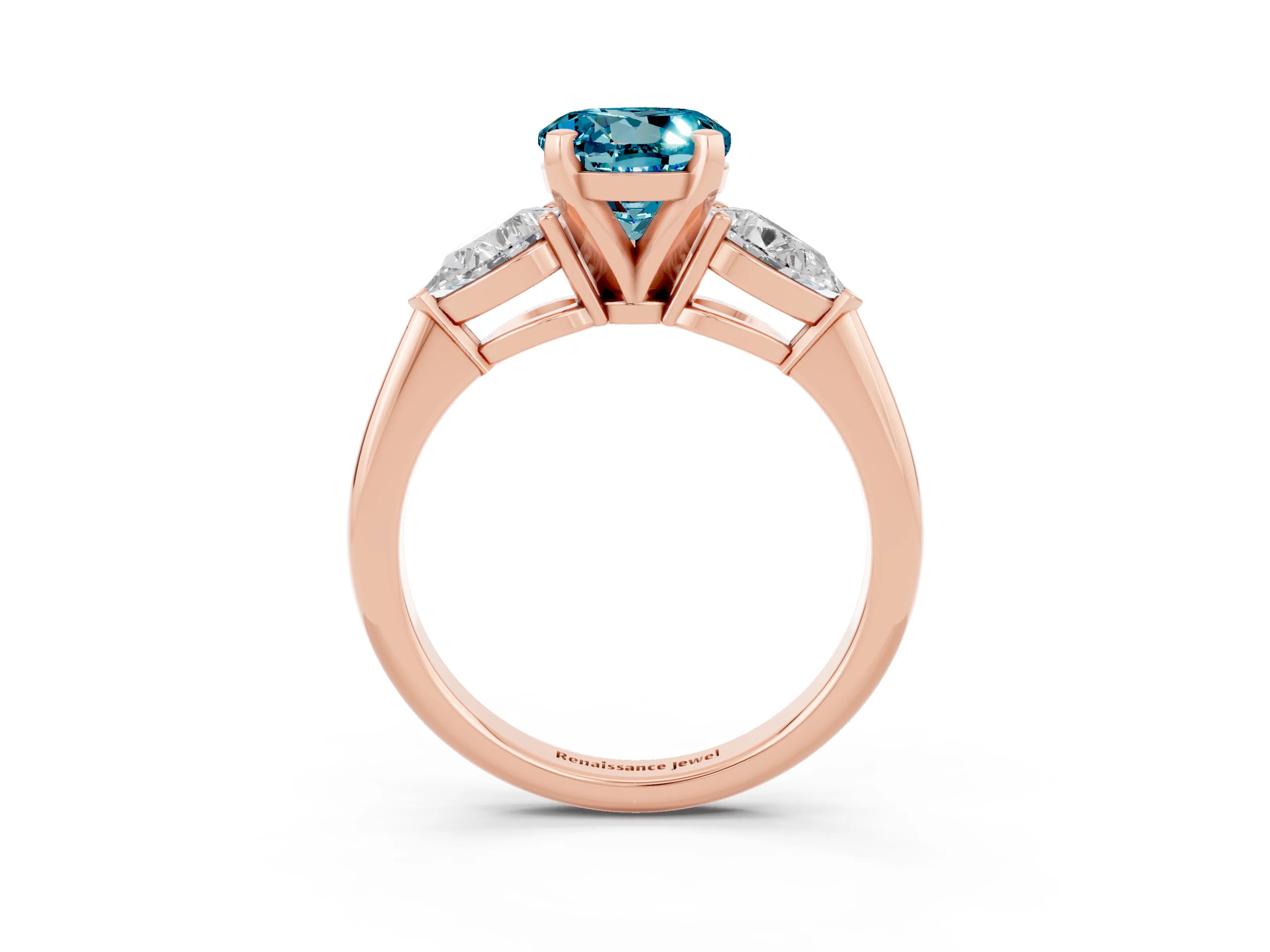 Rose gold Three-Stone Round Cut Blue Topaz Ring with Pear Side Stones and Four-Prong Setting_3