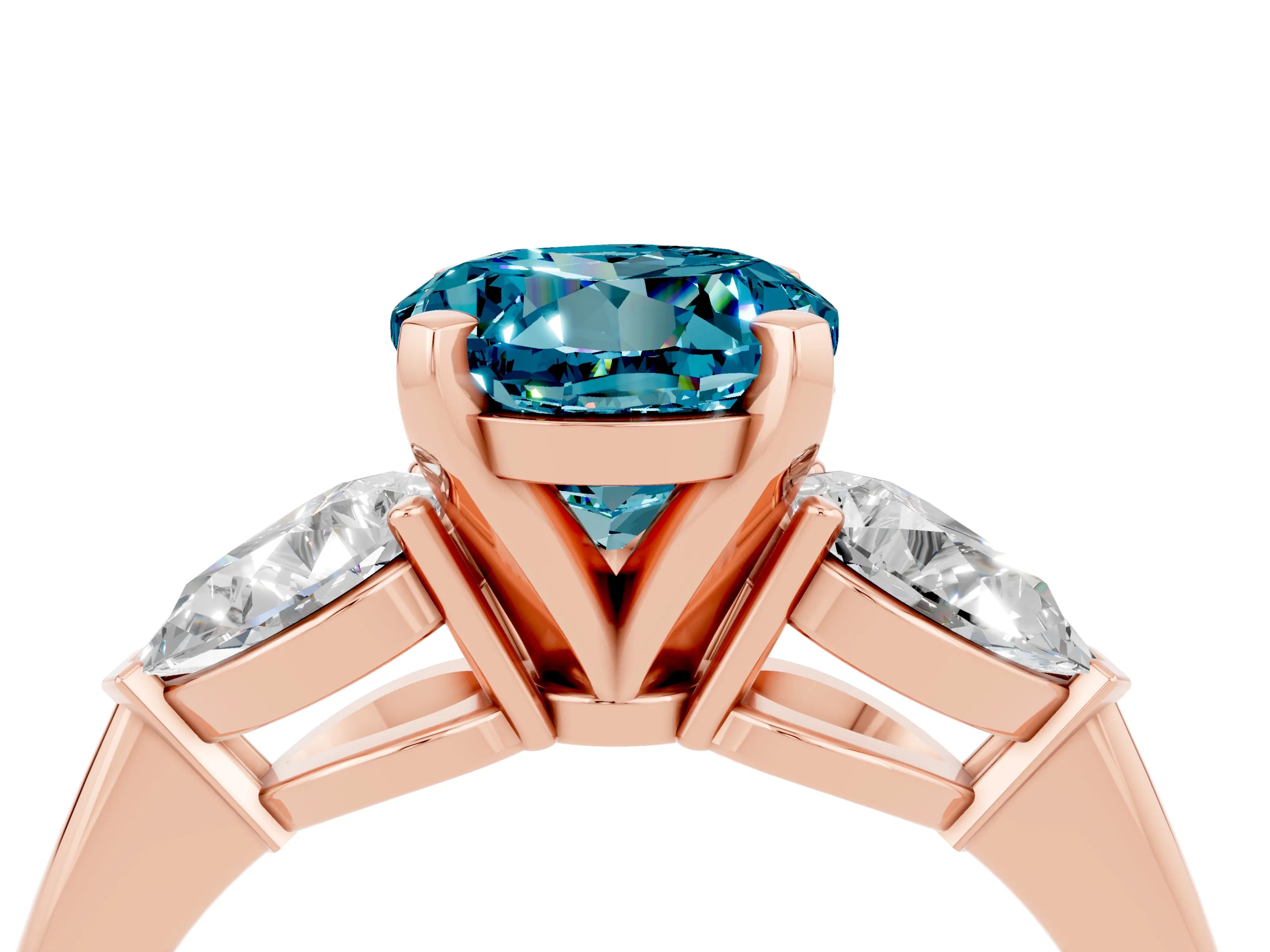 Rose gold Three-Stone Round Cut Blue Topaz Ring with Pear Side Stones and Four-Prong Setting_4