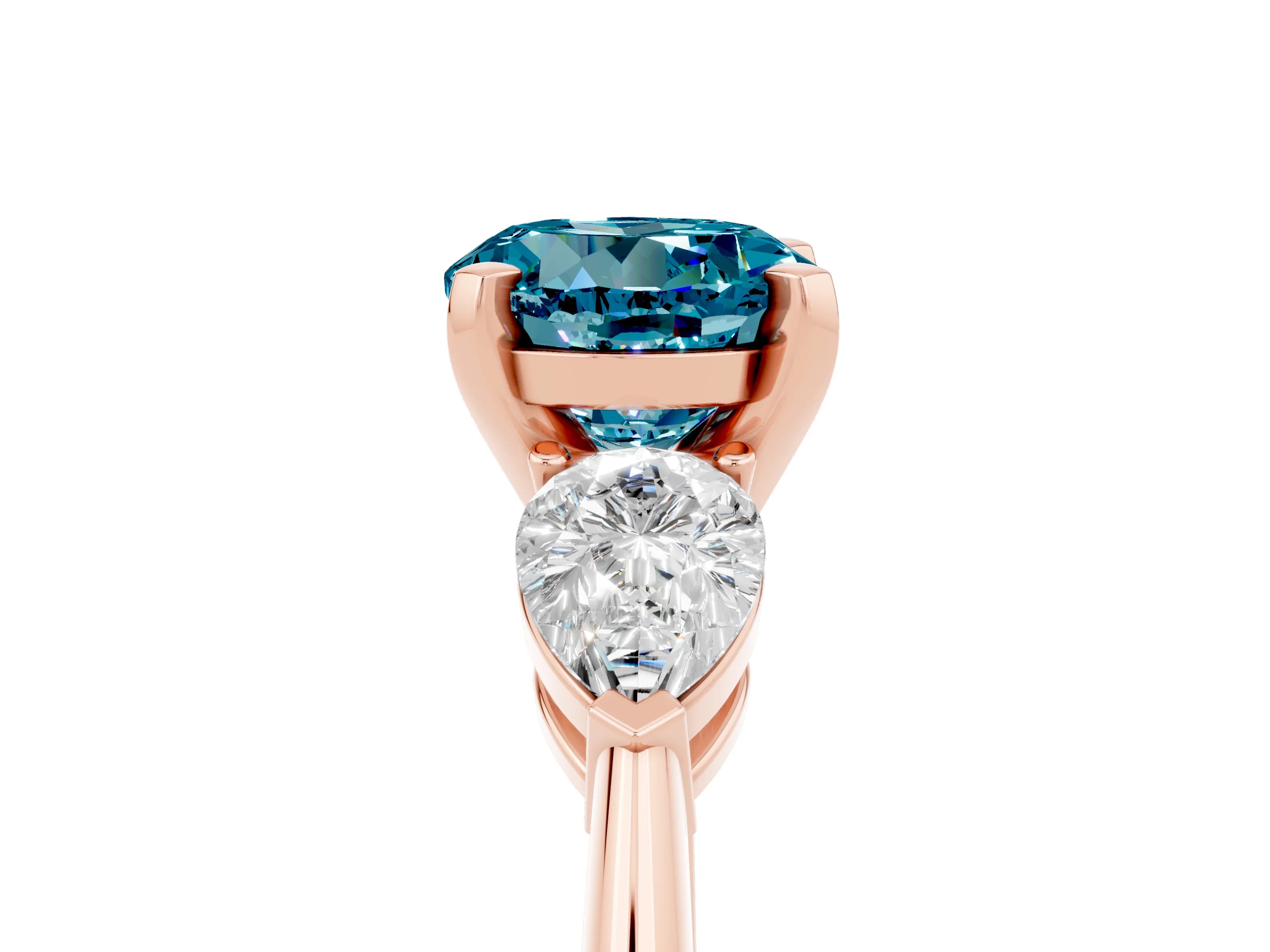 Rose gold Three-Stone Round Cut Blue Topaz Ring with Pear Side Stones and Four-Prong Setting_5
