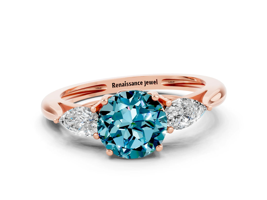 Rose gold Three-Stone Round Cut Blue Topaz Ring with Pear  Side Stones in Four-Prong Setting_36