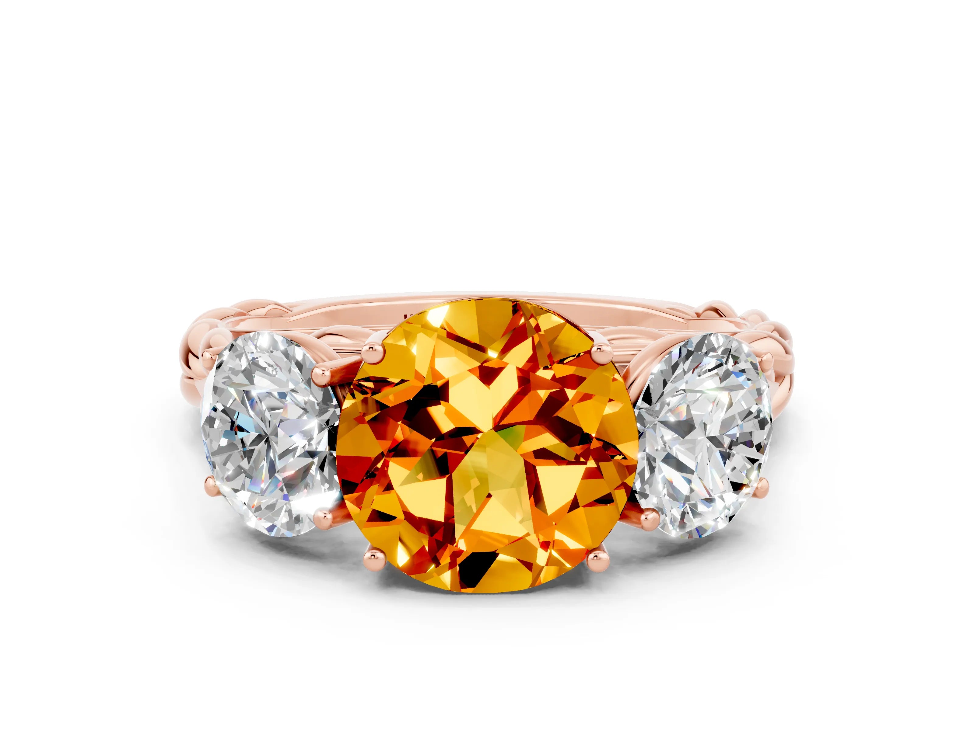 Rose gold Three-Stone Round Cut Citrine Braided Band Ring with Four-Prong Setting_12