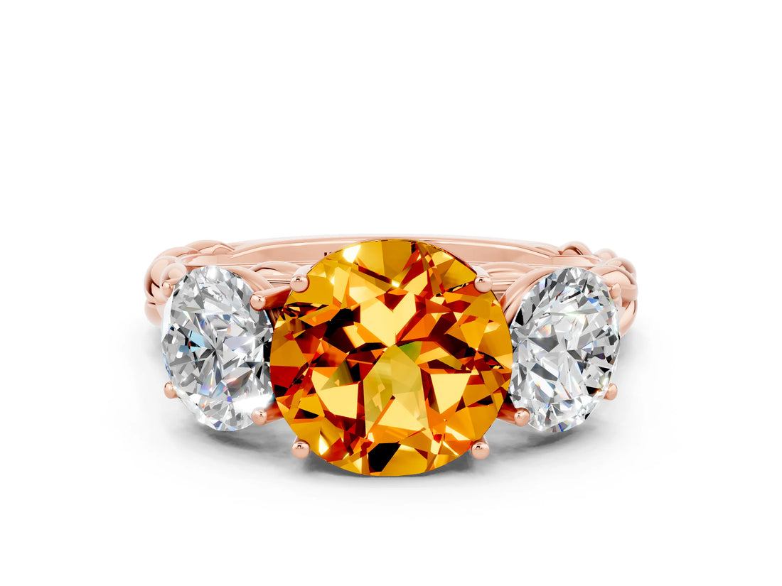 Rose gold Three-Stone Round Cut Citrine Braided Band Ring with Four-Prong Setting_12