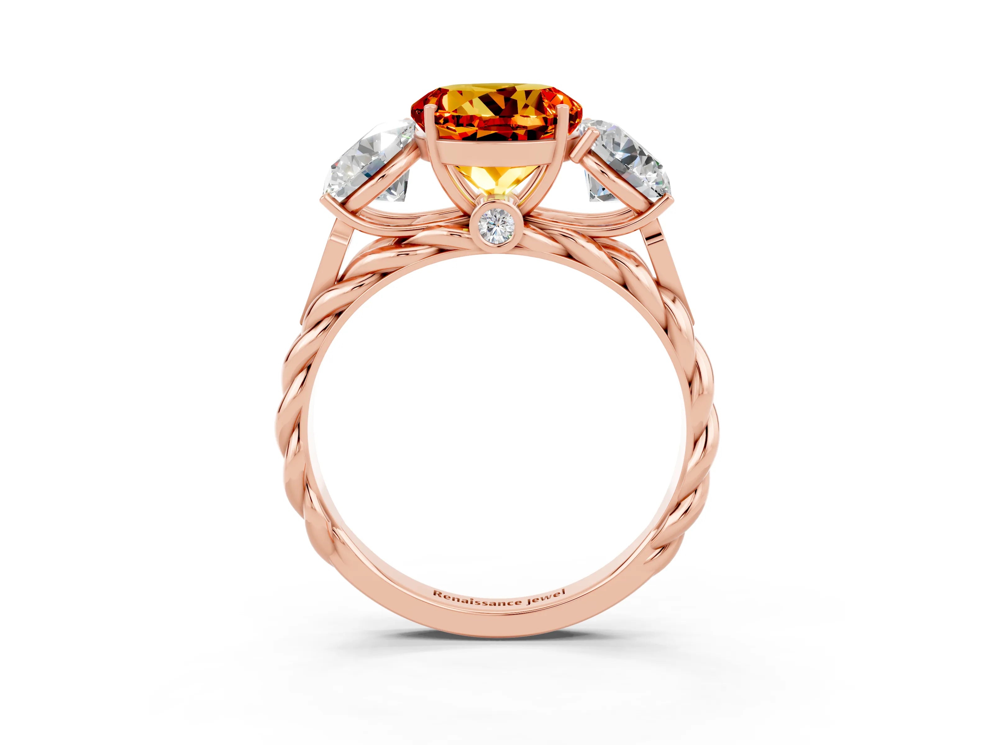 Rose gold Three-Stone Round Cut Citrine Braided Band Ring with Four-Prong Setting_15