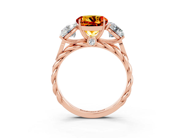 Rose gold Three-Stone Round Cut Citrine Braided Band Ring with Four-Prong Setting