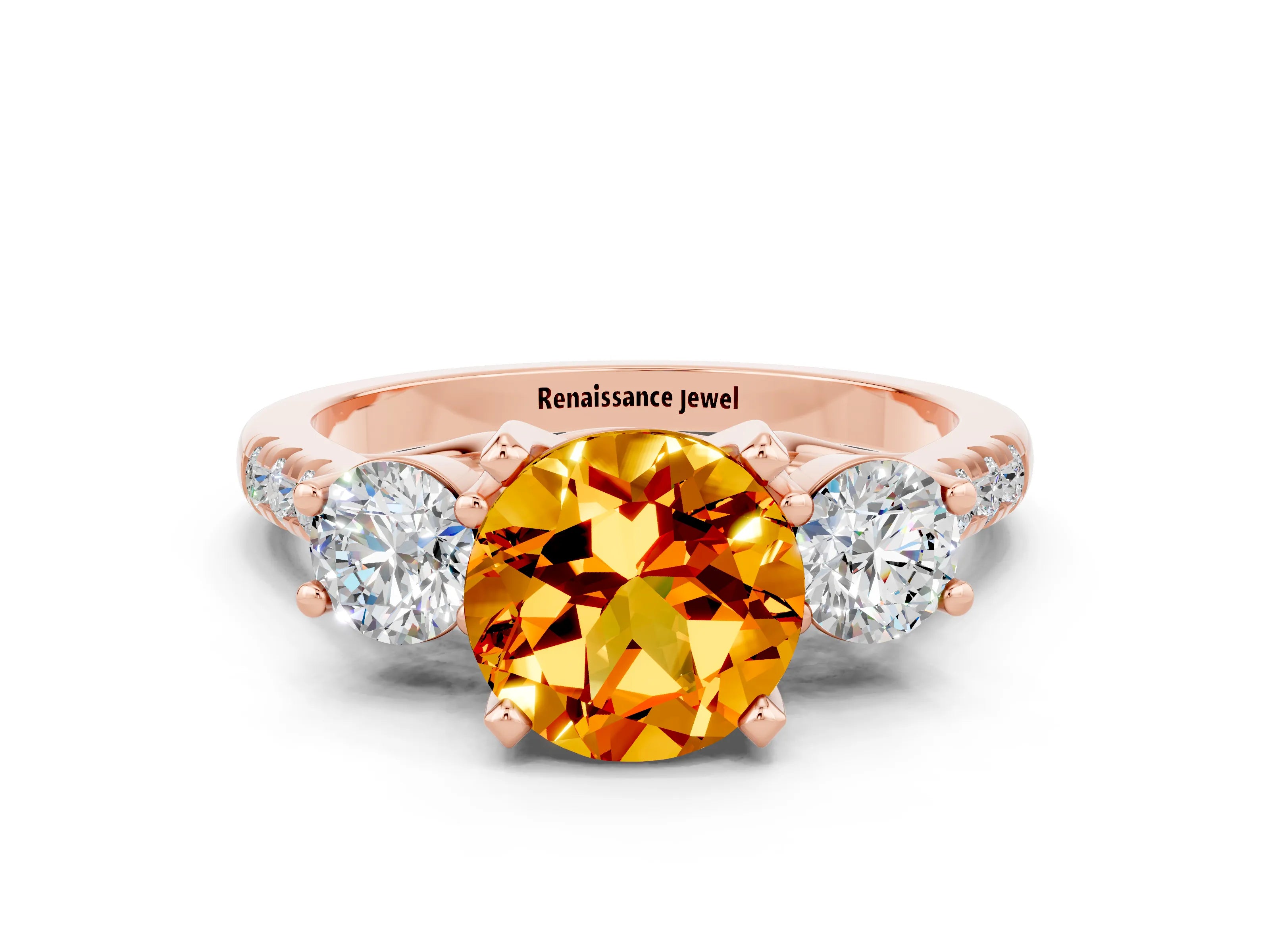 Rose gold Three-Stone Round Cut Citrine Pavé Band with Four-Prong Setting