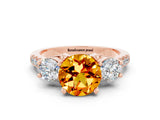 Rose gold Three-Stone Round Cut Citrine Pavé Band with Four-Prong Setting