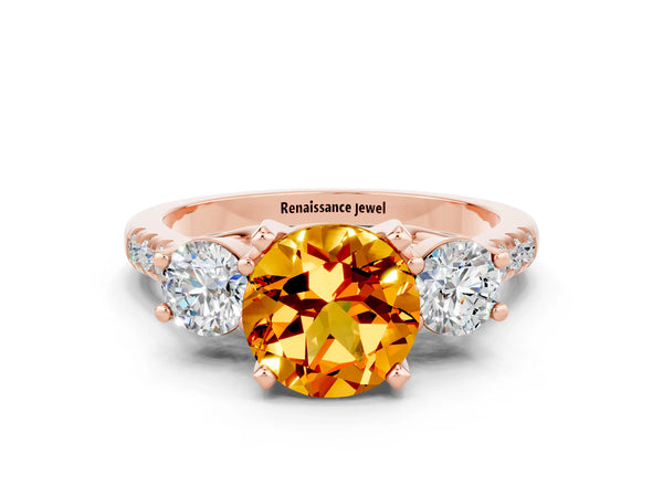 Rose gold Three-Stone Round Cut Citrine Pavé Band with Four-Prong Setting