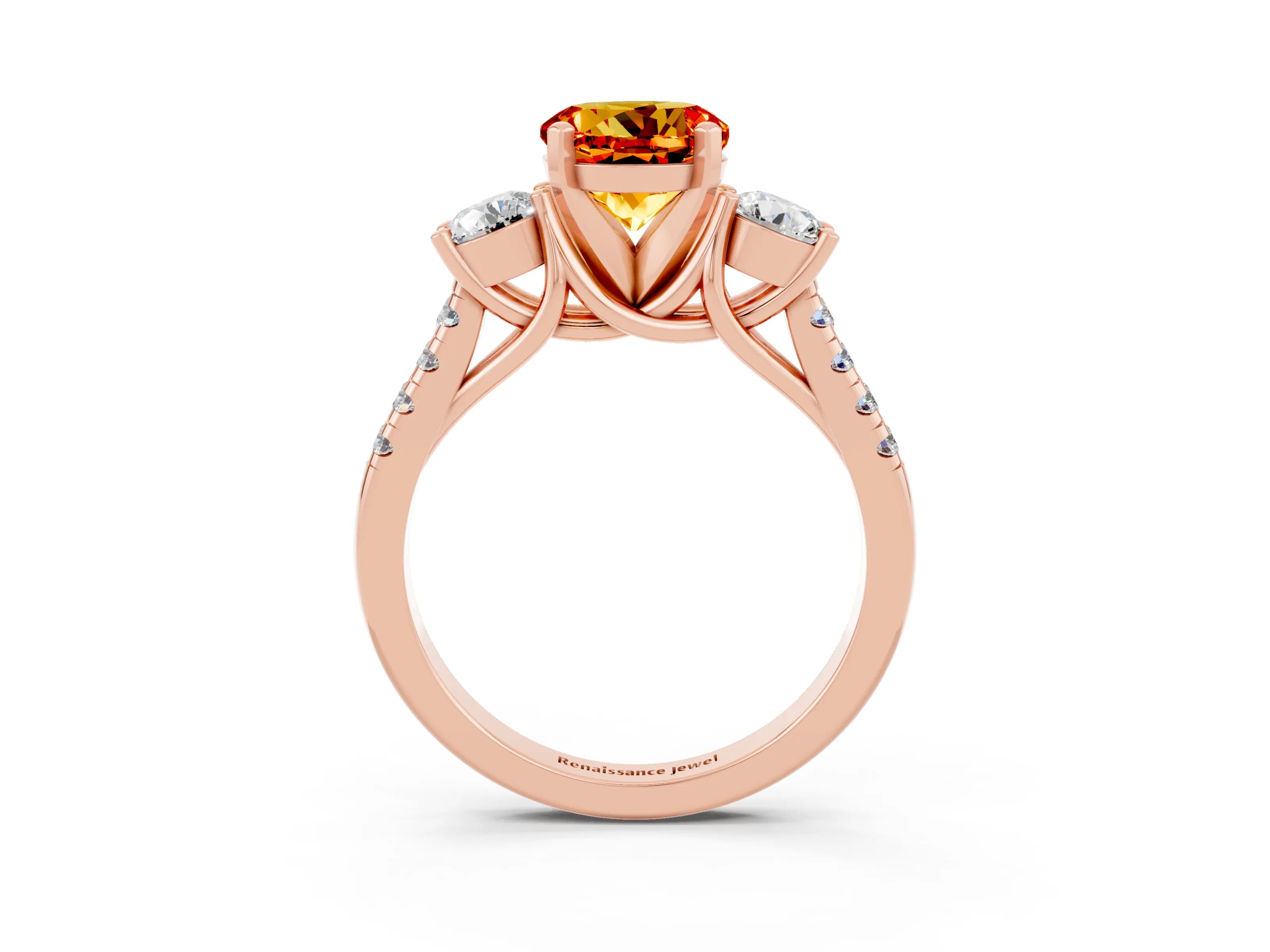 Rose gold Three-Stone Round Cut Citrine Pavé Band with Four-Prong Setting_3
