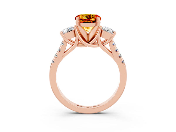 Rose gold Three-Stone Round Cut Citrine Pavé Band with Four-Prong Setting