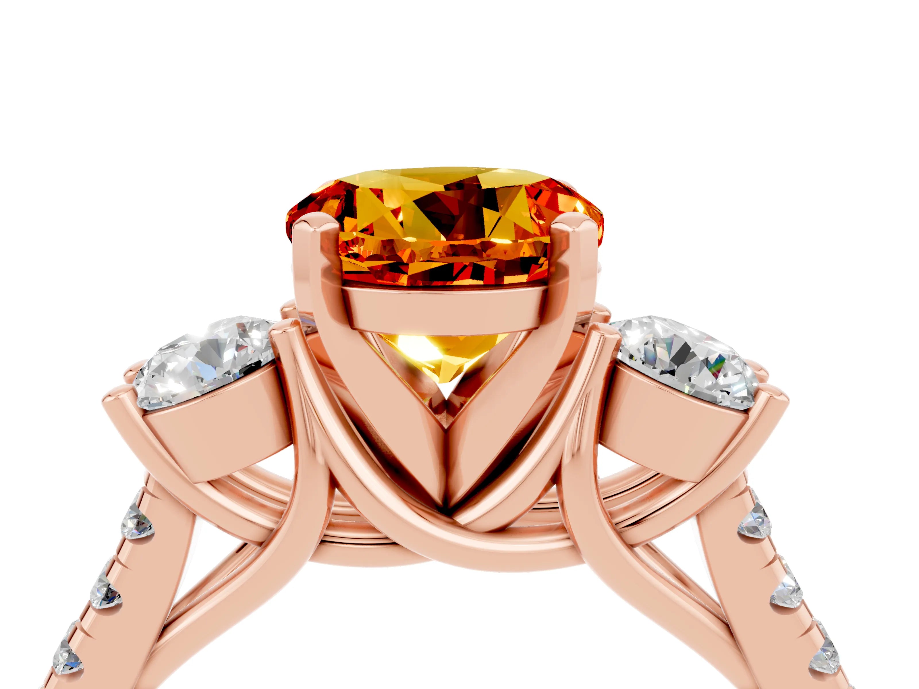 Rose gold Three-Stone Round Cut Citrine Pavé Band with Four-Prong Setting_4