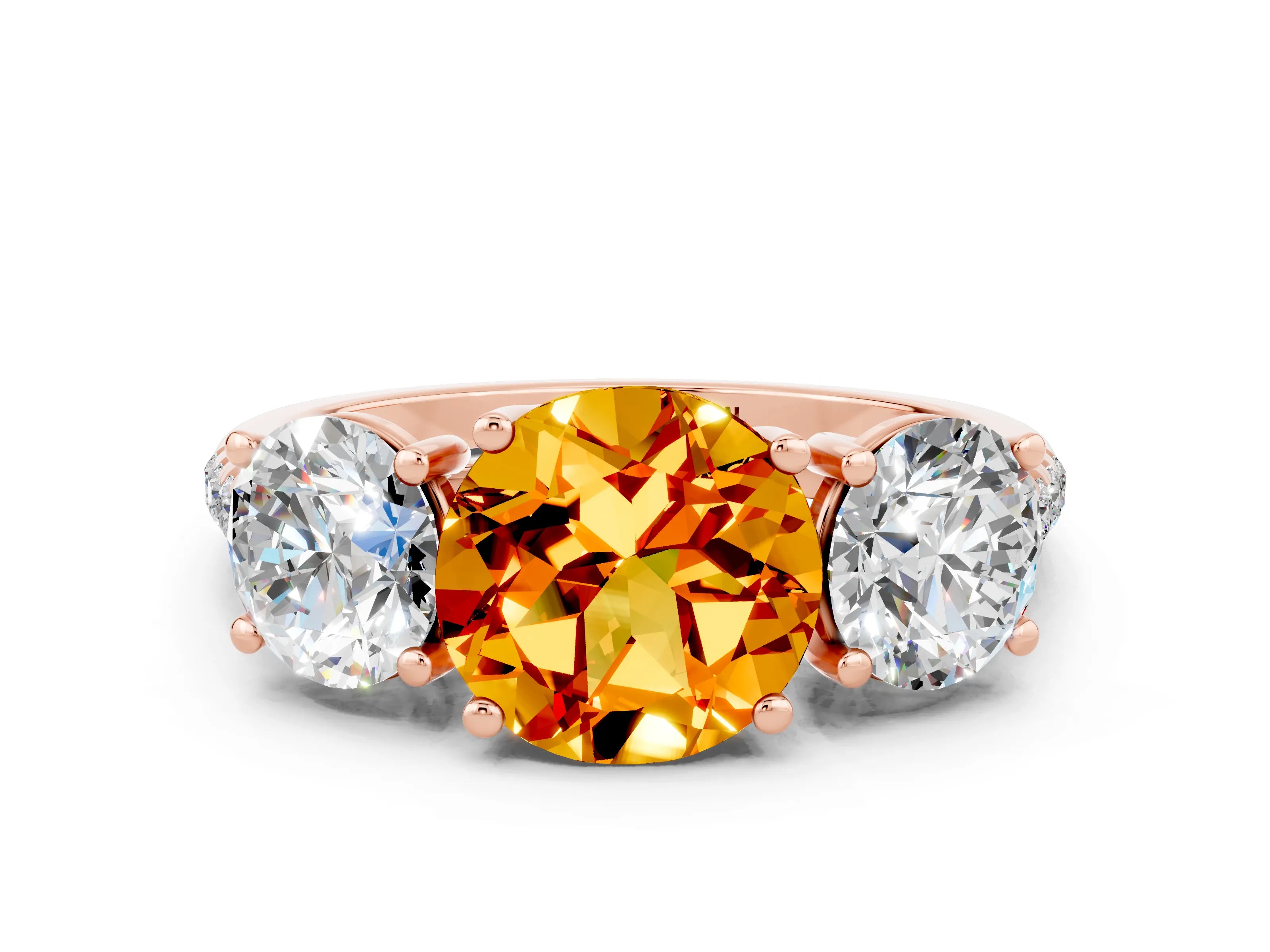 Rose gold Three-Stone Round Cut Citrine Ring with Pavé Band and Prong Setting_12