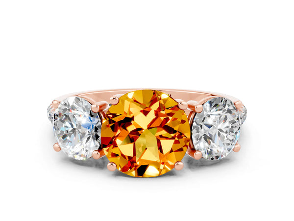 Rose gold Three-Stone Round Cut Citrine Ring with Round  Pavé Band and Prong Setting