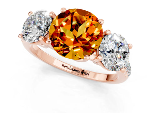 Rose gold Three-Stone Round Cut Citrine Ring with Pavé Band and Prong Setting_13