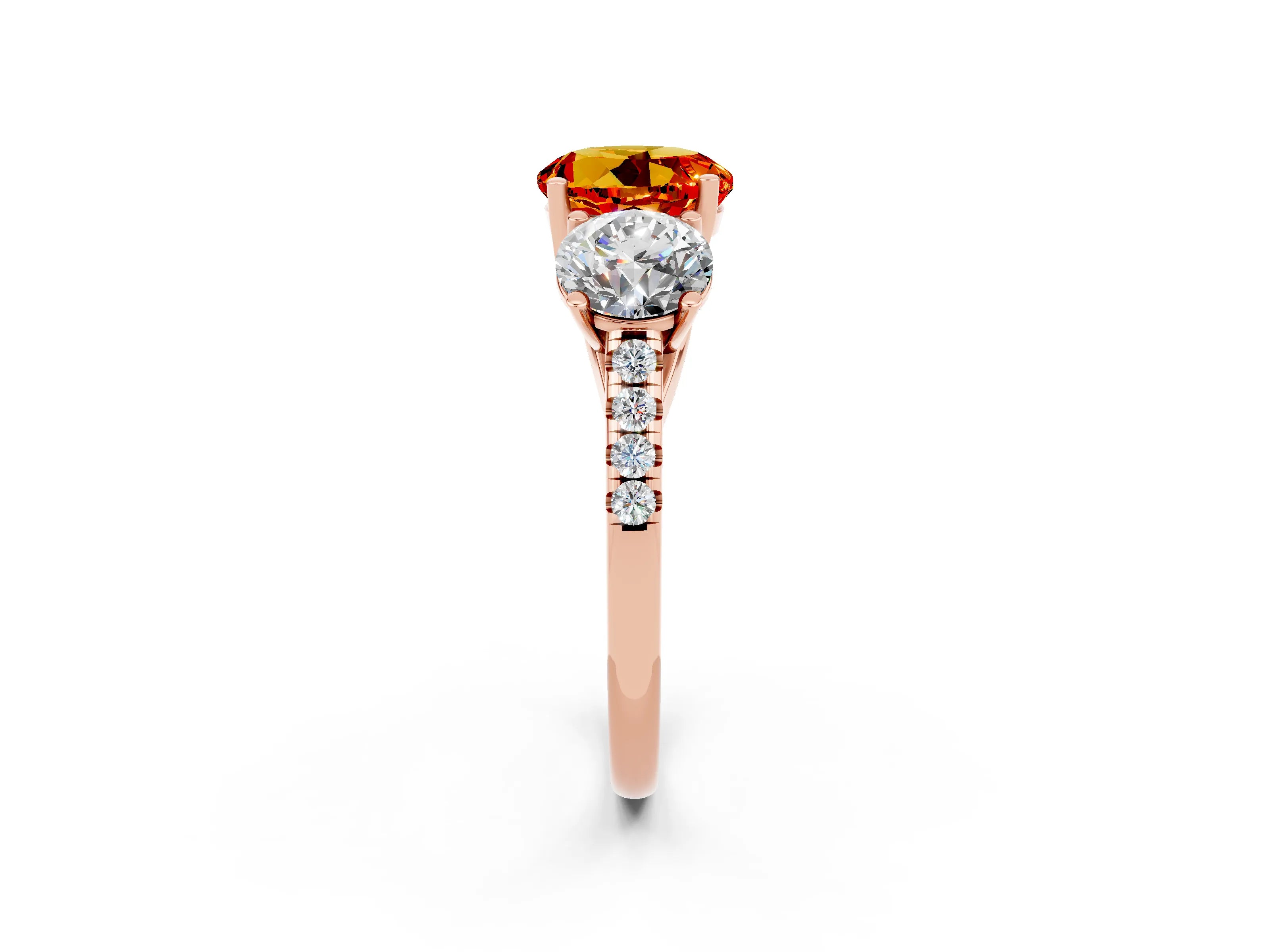 Rose gold Three-Stone Round Cut Citrine Ring with Pavé Band and Prong Setting_14
