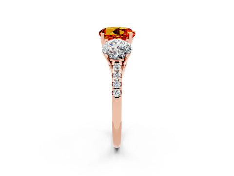 Rose gold Three-Stone Round Cut Citrine Ring with Pavé Band and Prong Setting_14