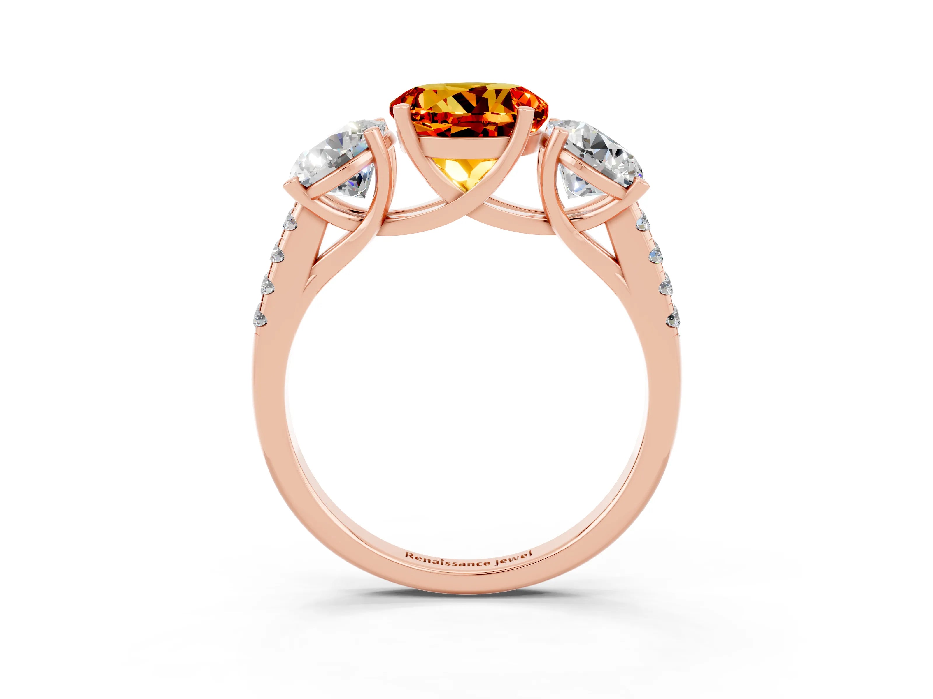 Rose gold Three-Stone Round Cut Citrine Ring with Pavé Band and Prong Setting_15