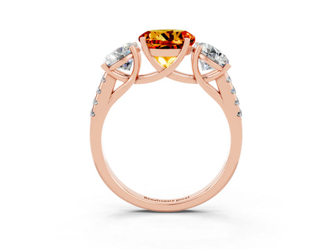 Rose gold Three-Stone Round Cut Citrine Ring with Pavé Band and Prong Setting_15