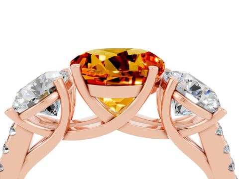 Rose gold Three-Stone Round Cut Citrine Ring with Pavé Band and Prong Setting_16