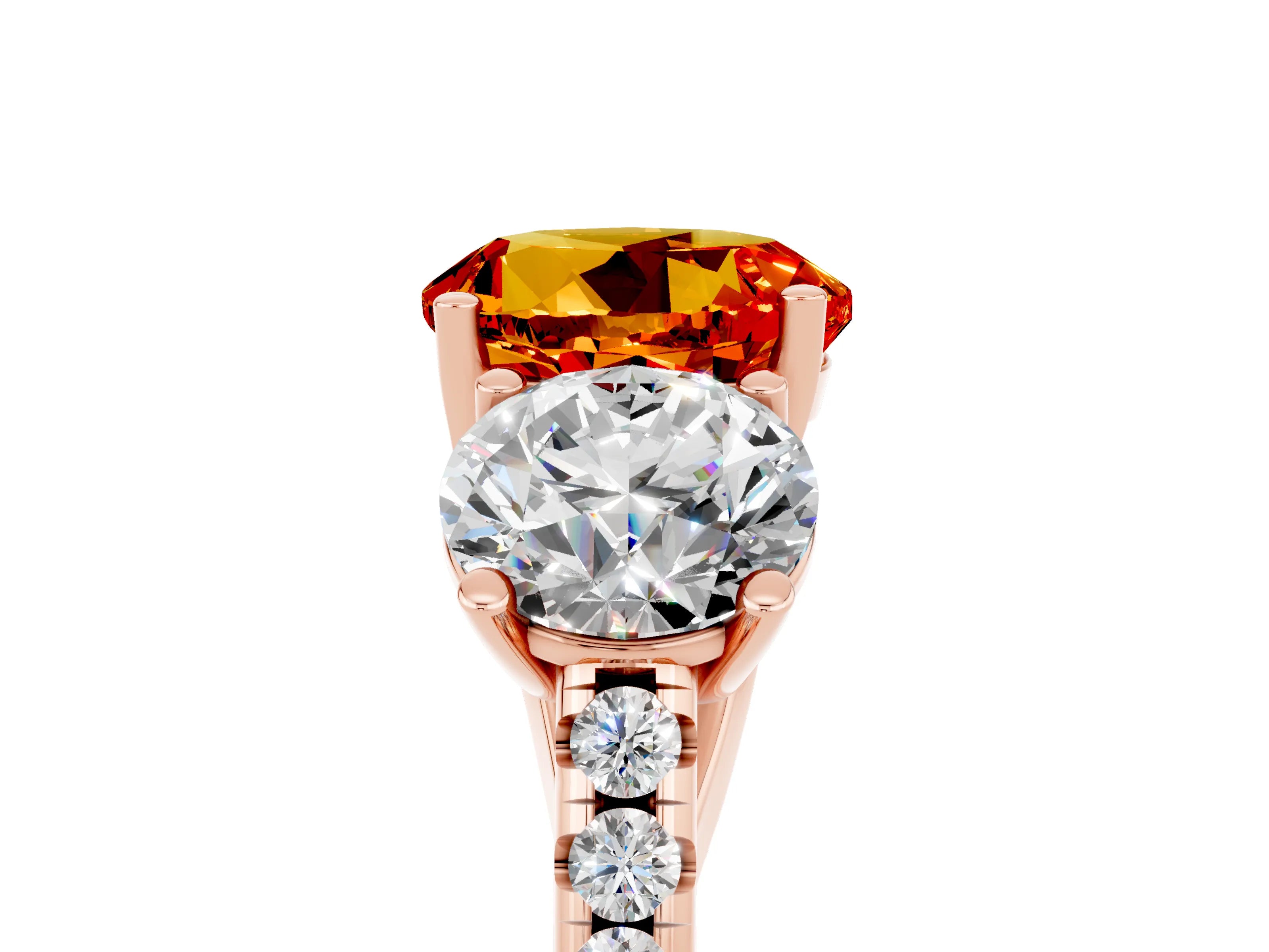 Rose gold Three-Stone Round Cut Citrine Ring with Pavé Band and Prong Setting_17