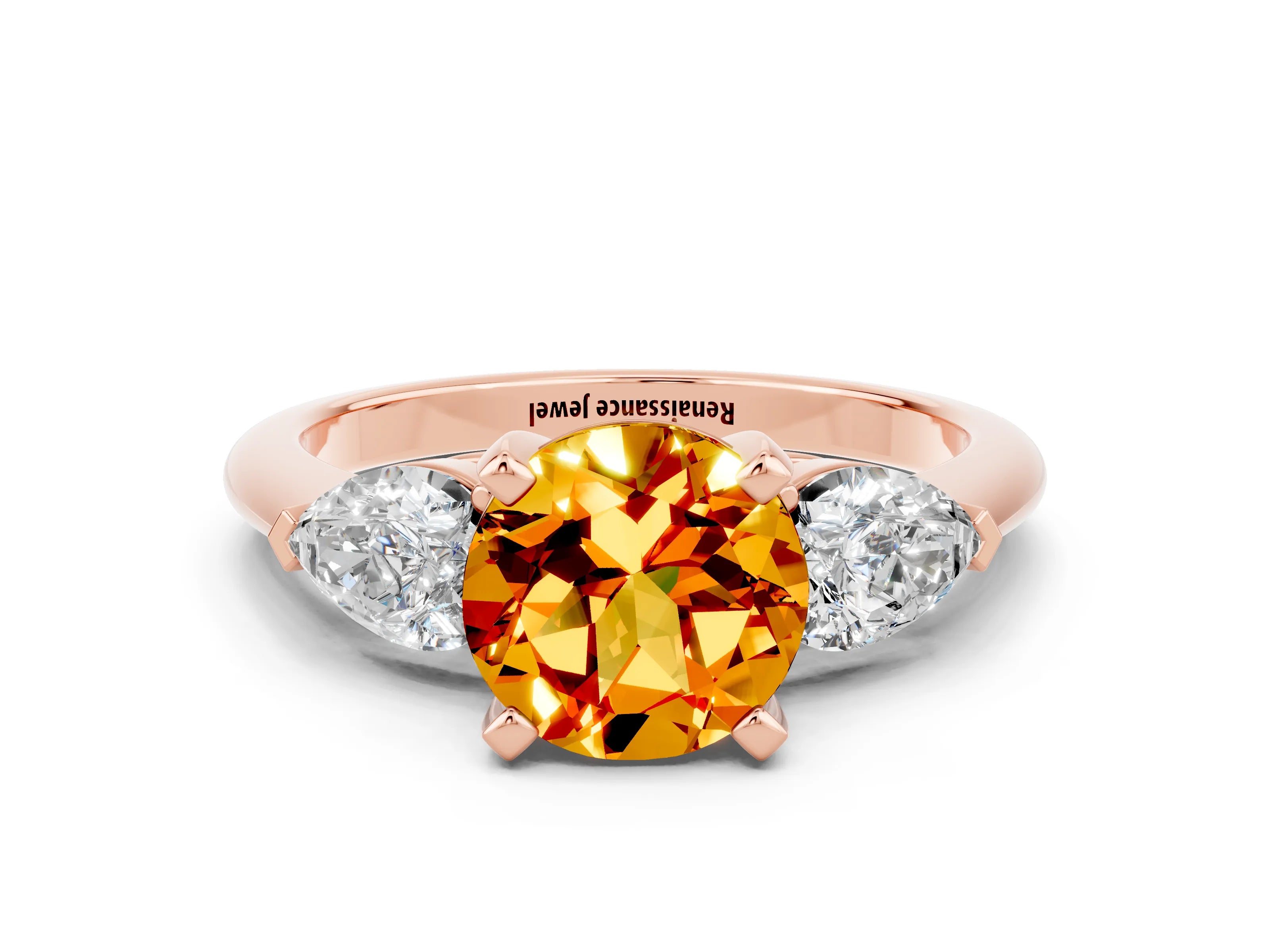Rose gold Three-Stone Round Cut Citrine Ring with Pear Side Stones and Four-Prong Setting