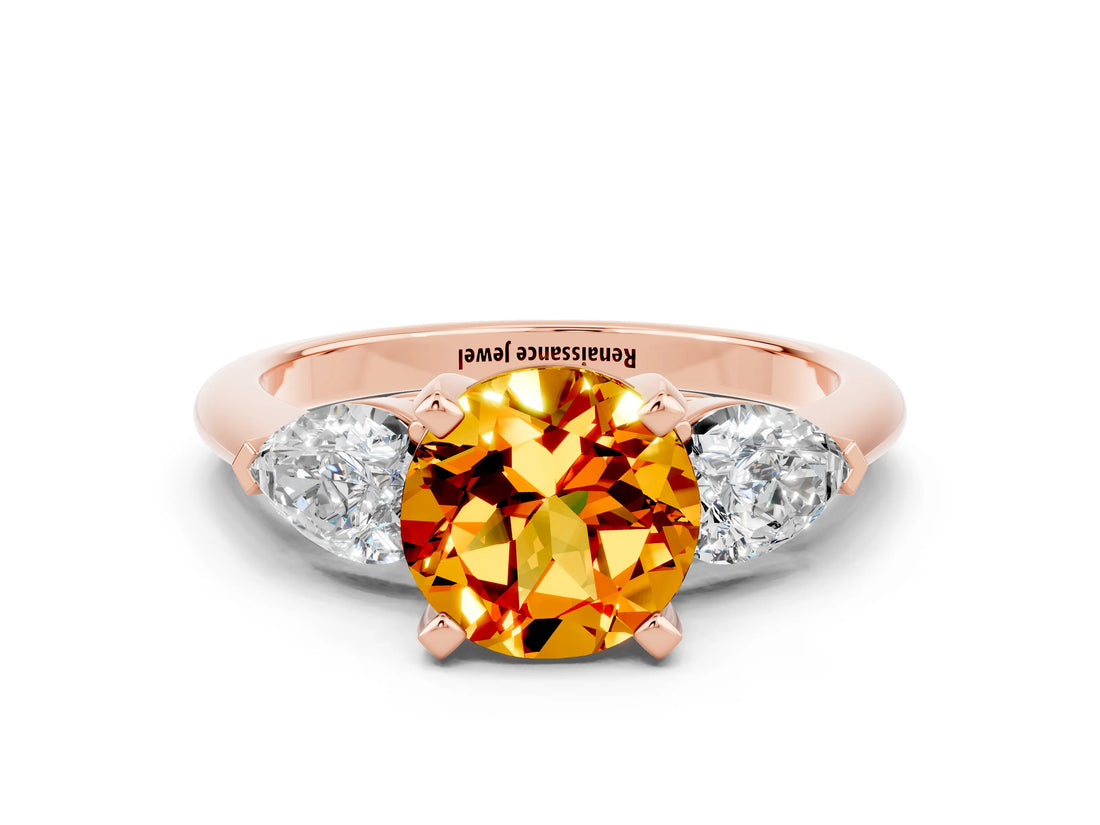 Rose gold Three-Stone Round Cut Citrine Ring with Pear Side Stones and Four-Prong Setting