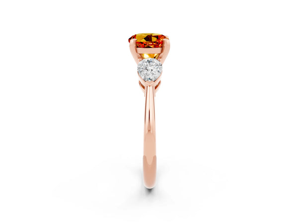 Rose gold Three-Stone Round Cut Citrine Ring with Pear Side Stones and Four-Prong Setting