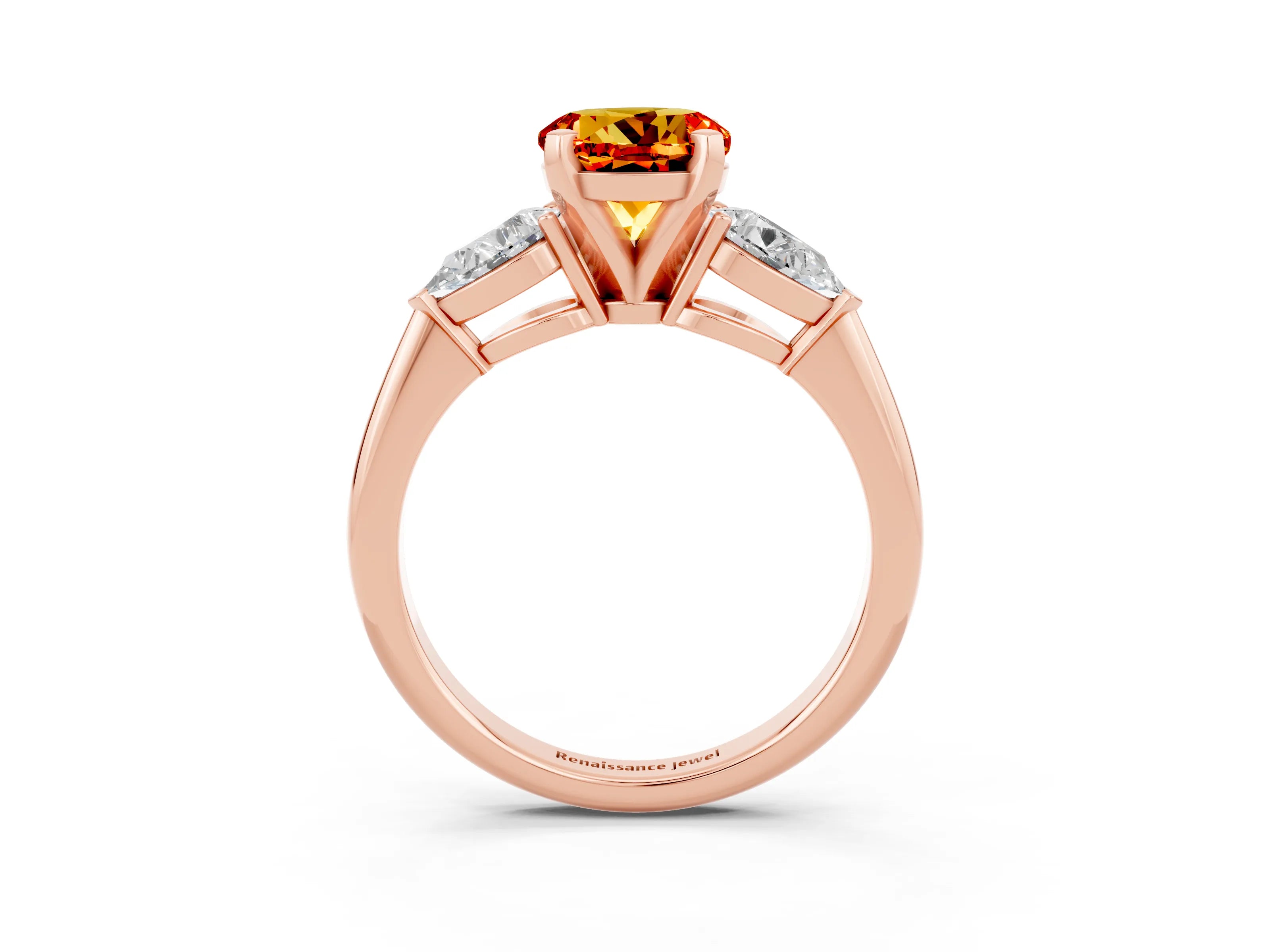 Rose gold Three-Stone Round Cut Citrine Ring with Pear Side Stones and Four-Prong Setting_3
